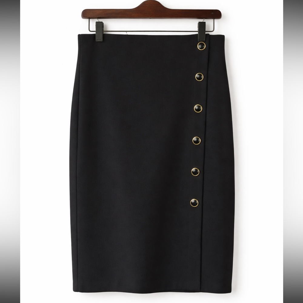Sophisticated Black Button-Accent Pencil Skirt